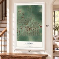Ashton, Idaho map, 24 x 36 inch print in a white frame by a staircase