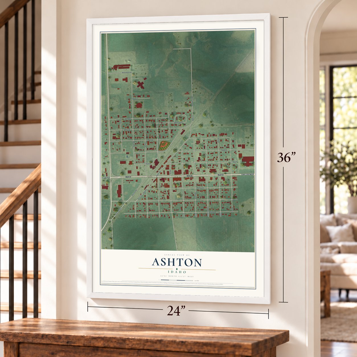 Ashton, Idaho map, 24 x 36 inch print in a white frame by a staircase