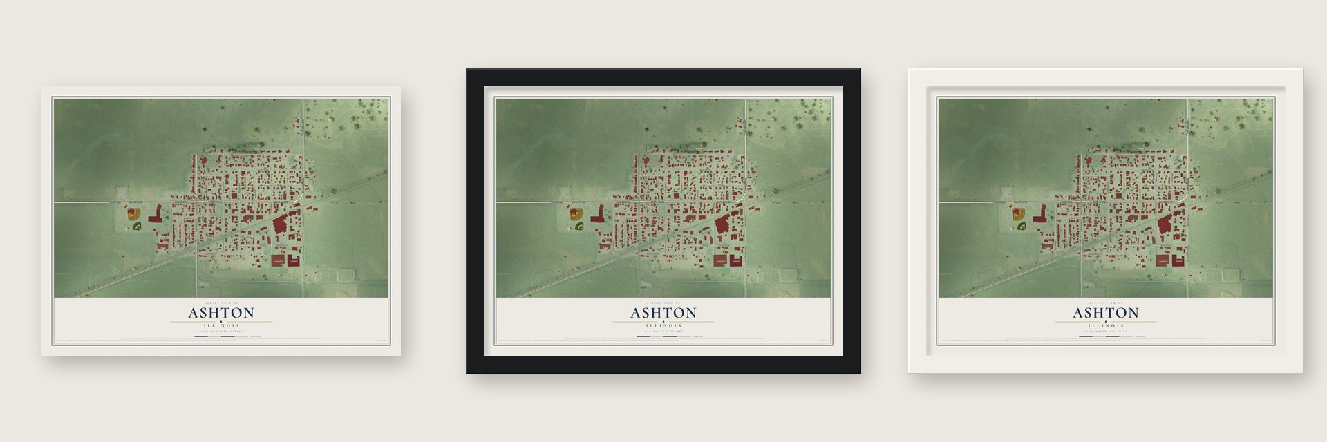 Ashton, Illinois map unframed, in a black wood frame and in a white wood frame