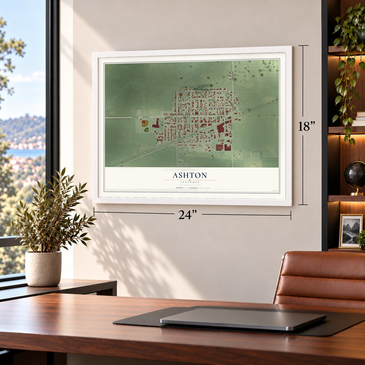 Ashton, Illinois map, 18 x 24 inch print in a white frame in a home office