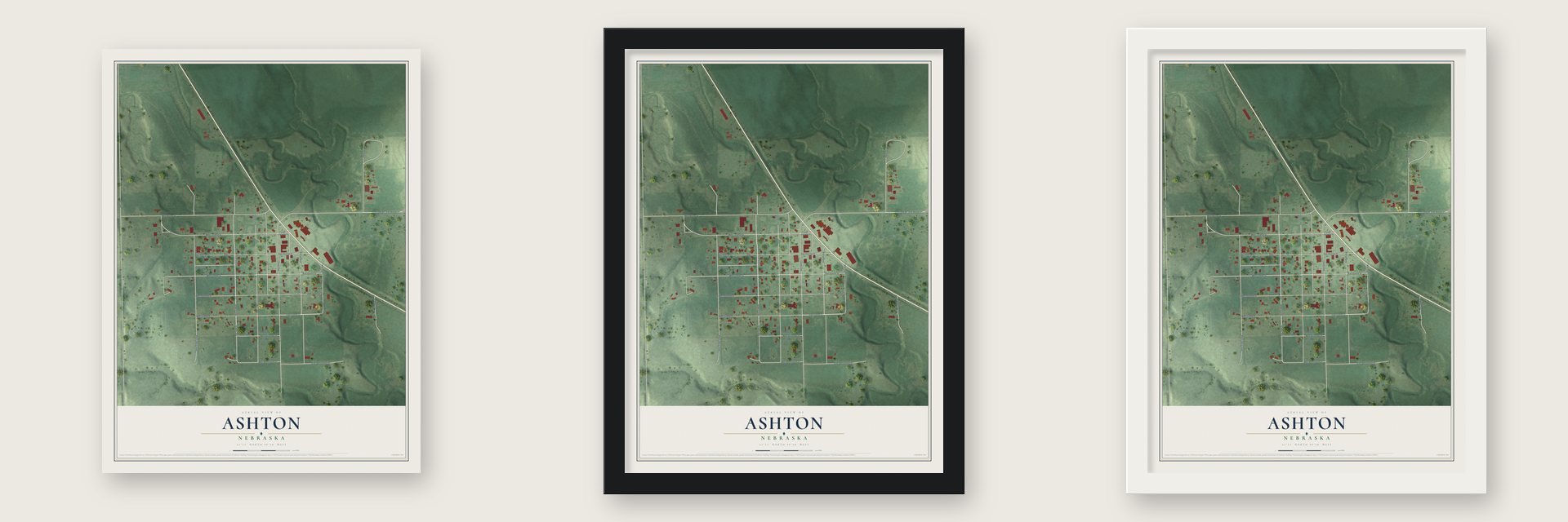 Ashton, Nebraska map unframed, in a black wood frame and in a white wood frame