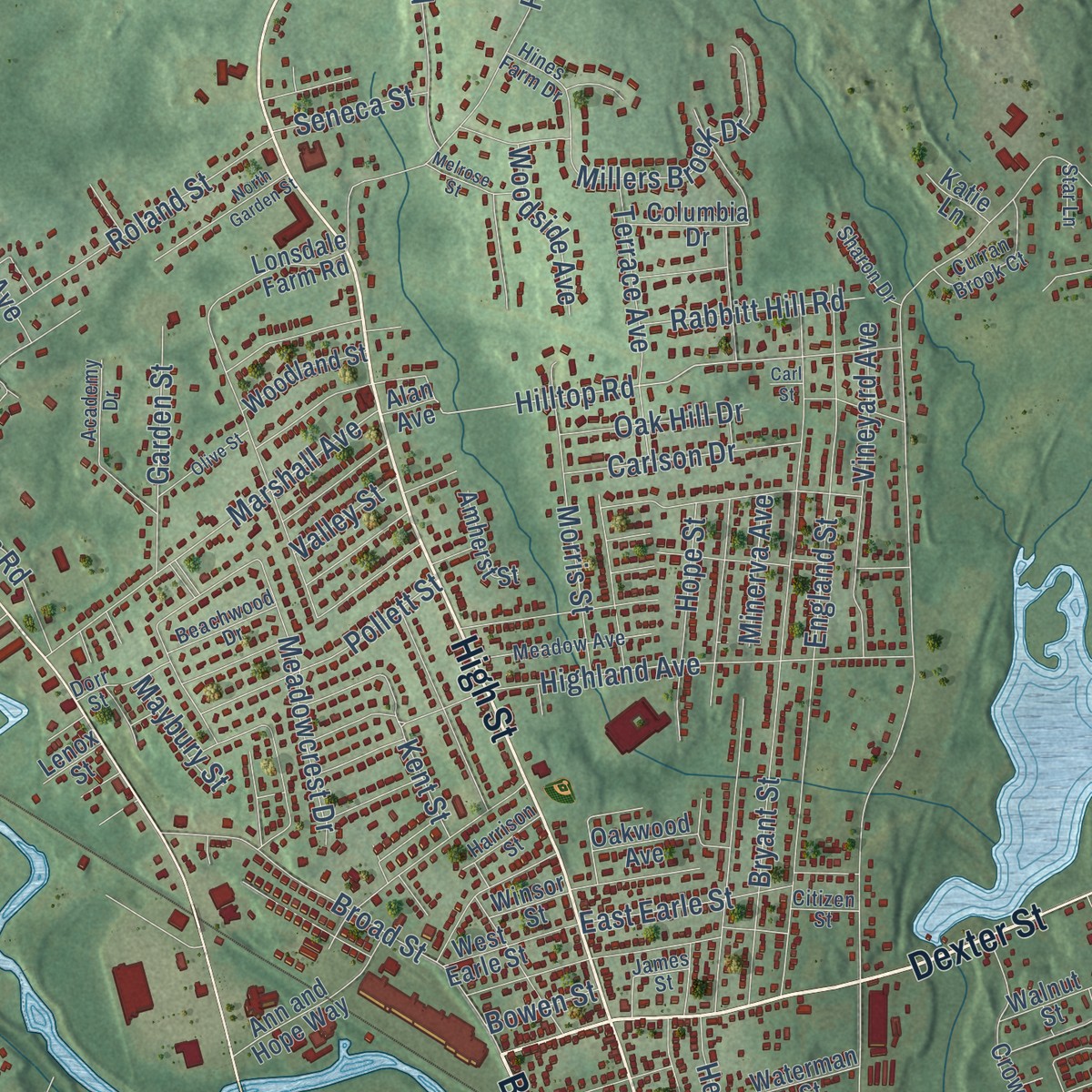 Second close-up of the map of Ashton, Rhode Island print showing more streets and buildings