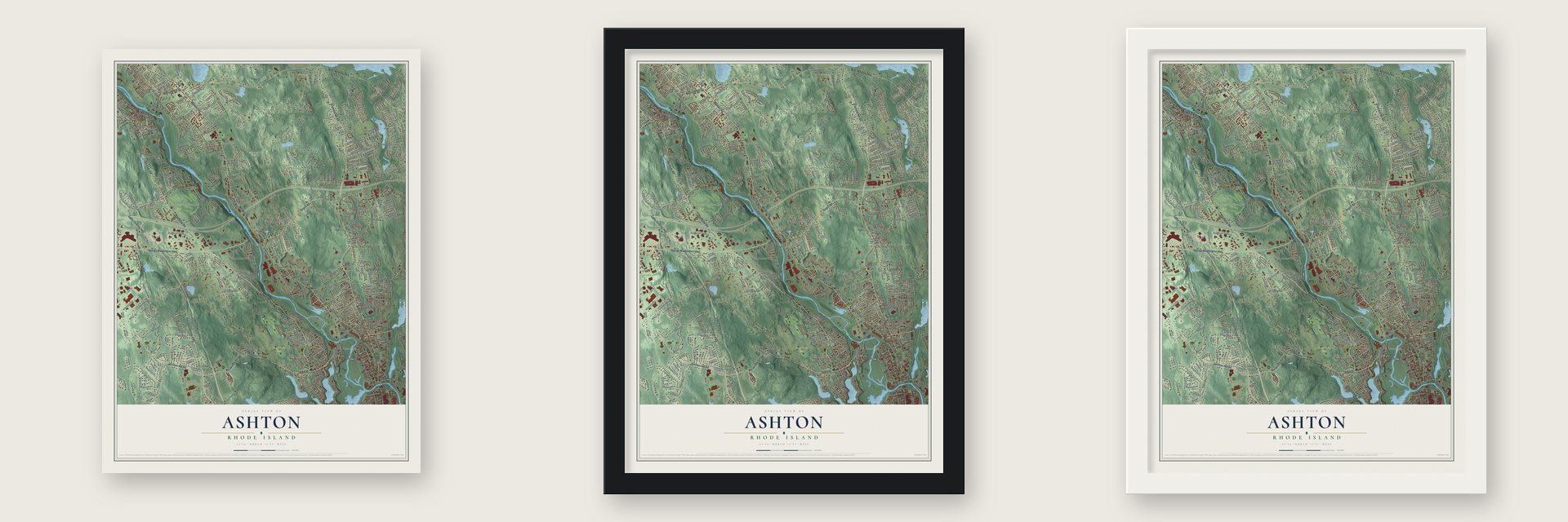 Ashton, Rhode Island map unframed, in a black wood frame and in a white wood frame