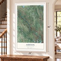 Ashton, Rhode Island map, 24 x 36 inch print in a white frame by a staircase