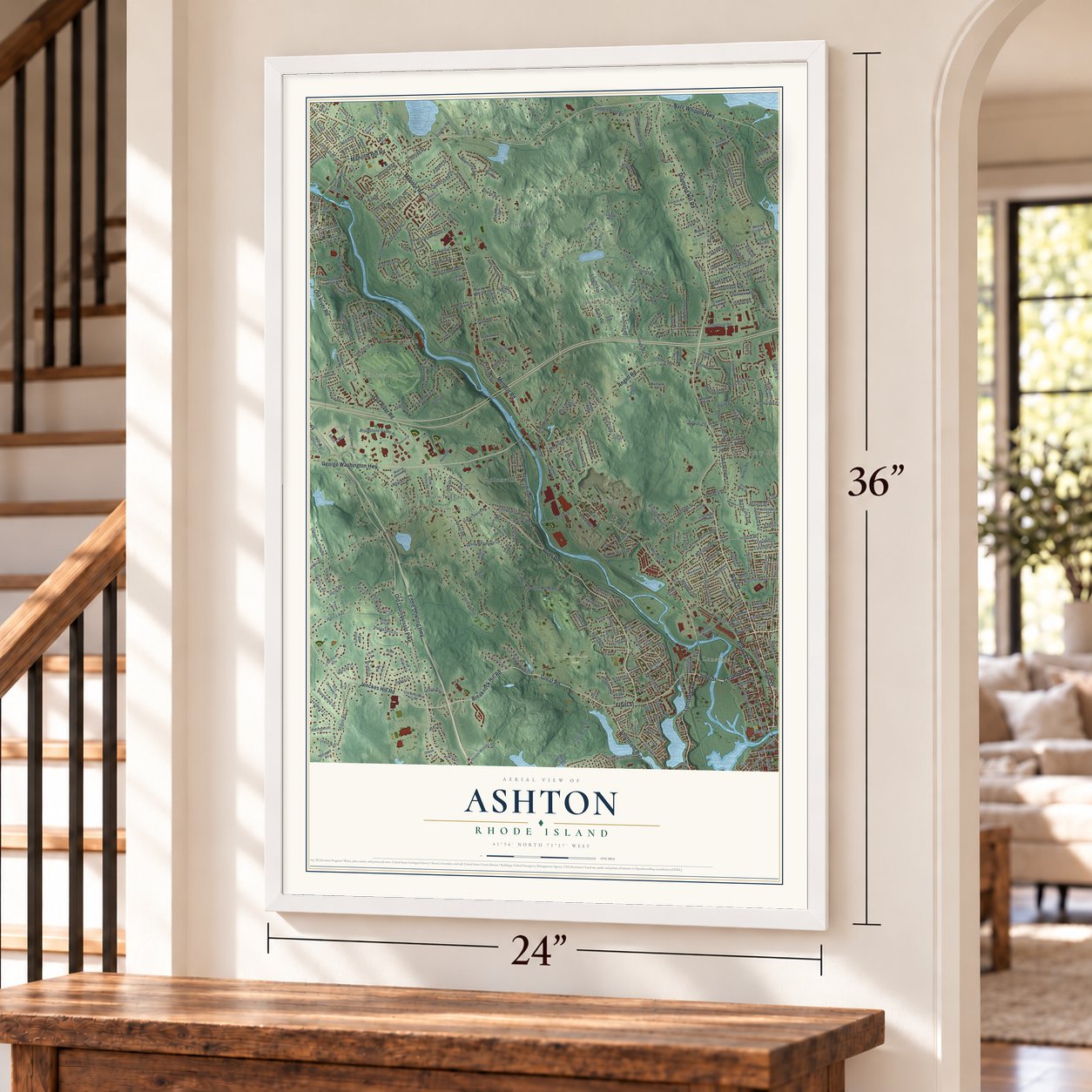 Ashton, Rhode Island map, 24 x 36 inch print in a white frame by a staircase