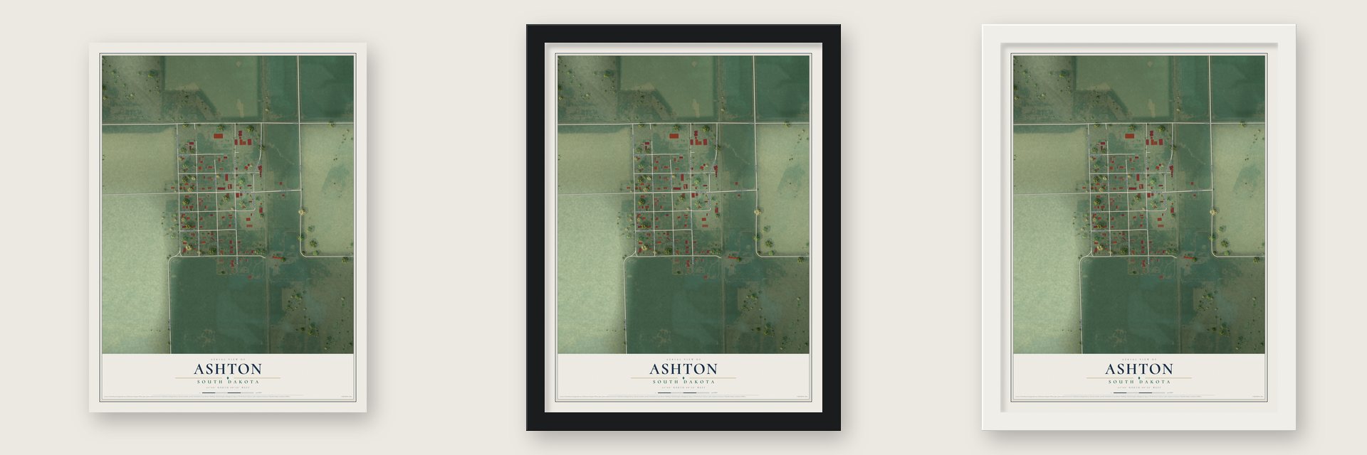 Ashton, South Dakota map unframed, in a black wood frame and in a white wood frame