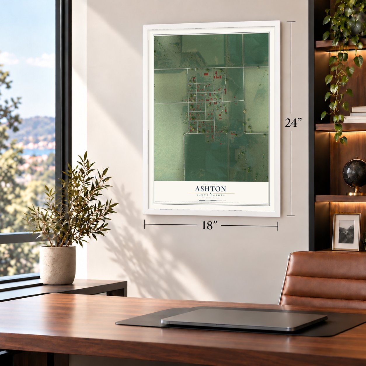 Ashton, South Dakota map, 18 x 24 inch print in a white frame in a home office