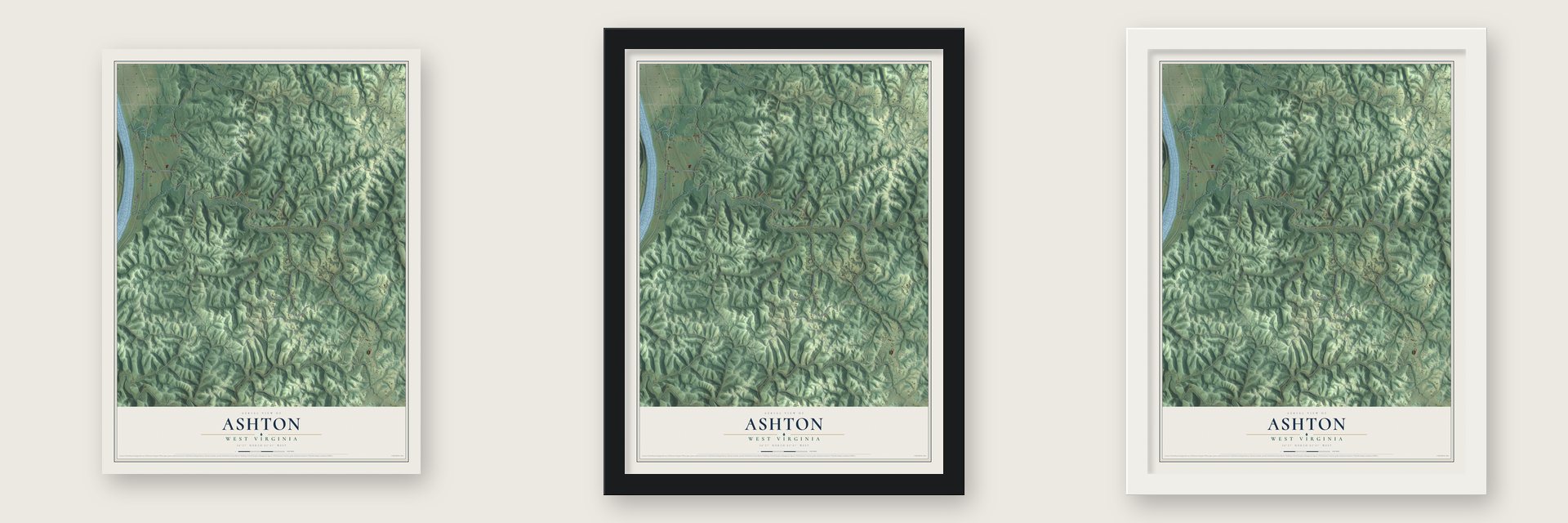 Ashton, West Virginia map unframed, in a black wood frame and in a white wood frame