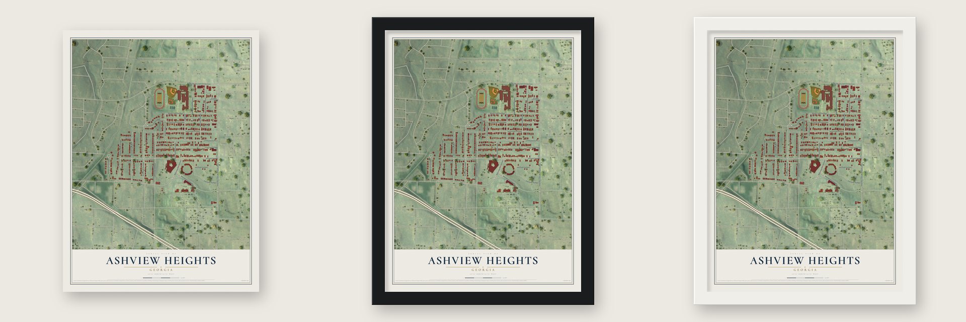 Ashview Heights, Georgia map unframed, in a black wood frame and in a white wood frame