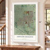 Ashview Heights, Georgia map, 24 x 36 inch print in a white frame by a staircase