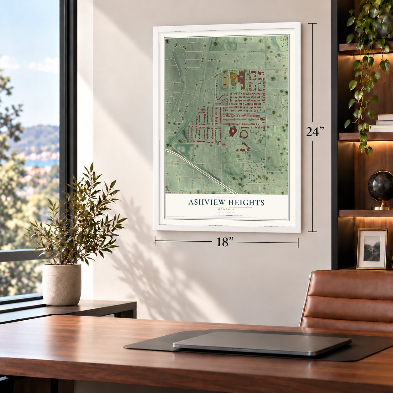 Ashview Heights, Georgia map, 18 x 24 inch print in a white frame in a home office