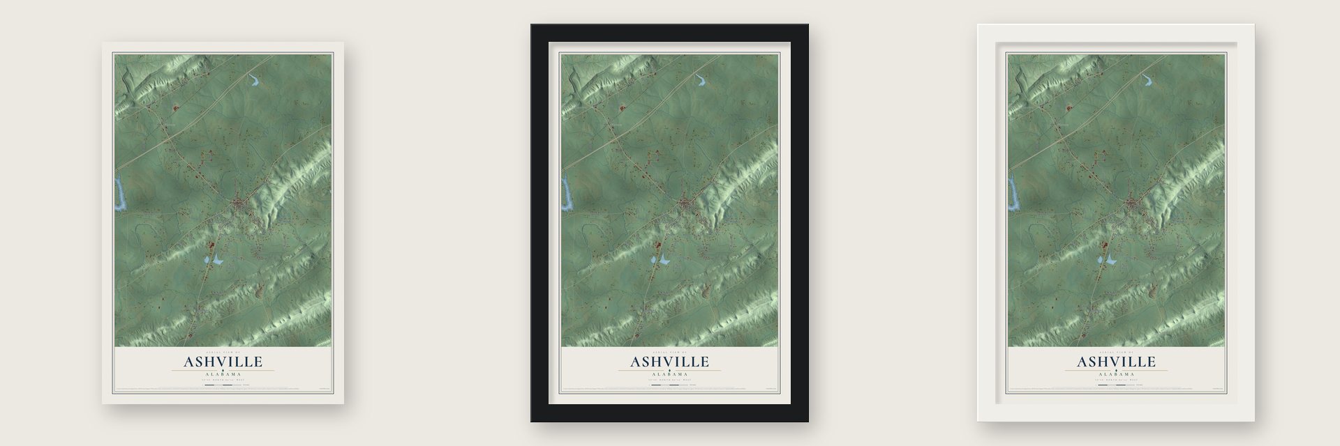 Ashville, Alabama map unframed, in a black wood frame and in a white wood frame