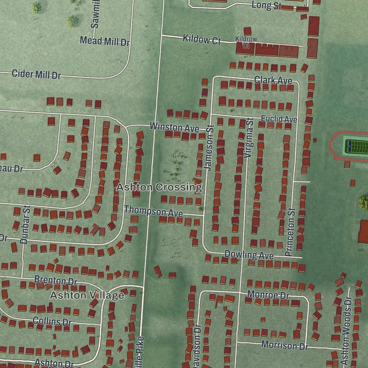 Second close-up of the map of Ashville, Ohio print showing more streets and buildings