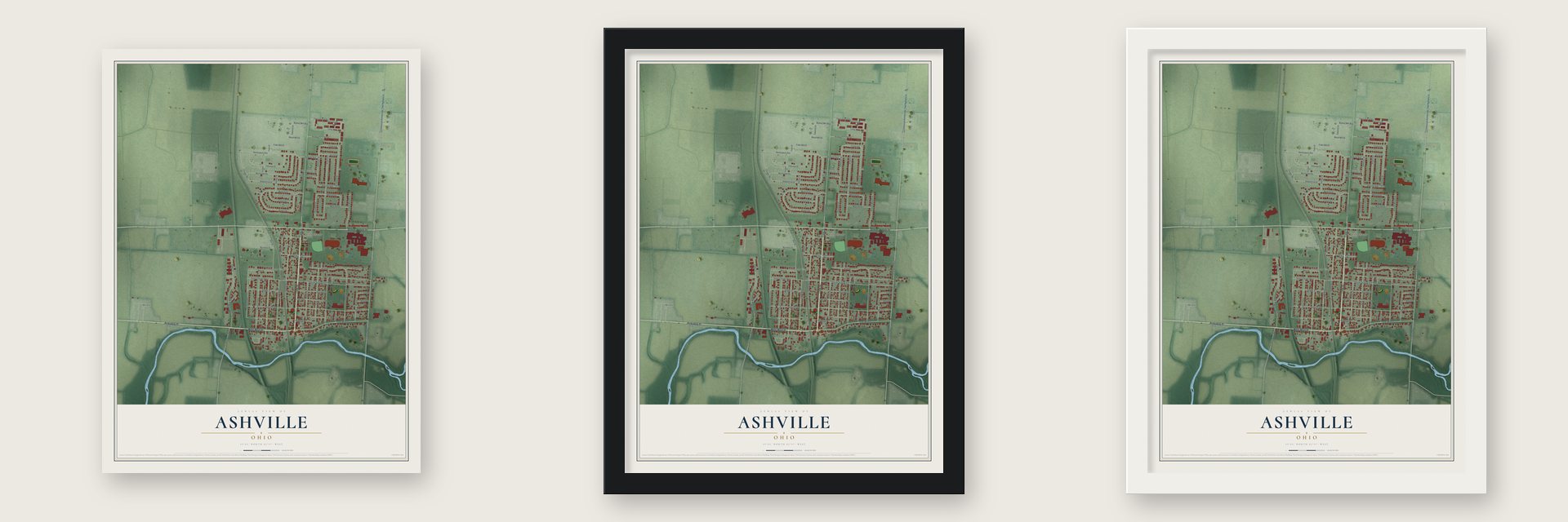 Ashville, Ohio map unframed, in a black wood frame and in a white wood frame