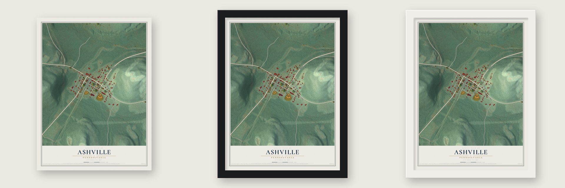 Ashville, Pennsylvania map unframed, in a black wood frame and in a white wood frame