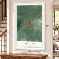 Ashville, Pennsylvania map, 24 x 36 inch print in a white frame by a staircase