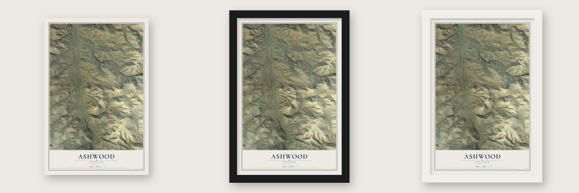 Ashwood, Oregon map unframed, in a black wood frame and in a white wood frame