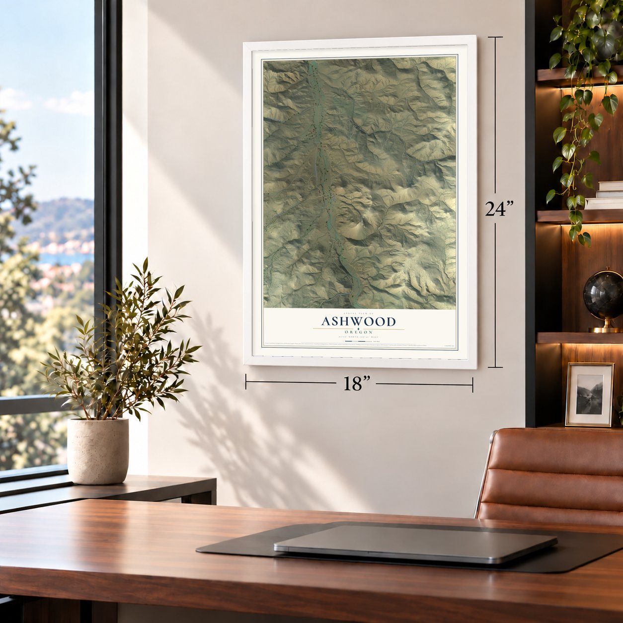 Ashwood, Oregon map, 18 x 24 inch print in a white frame in a home office