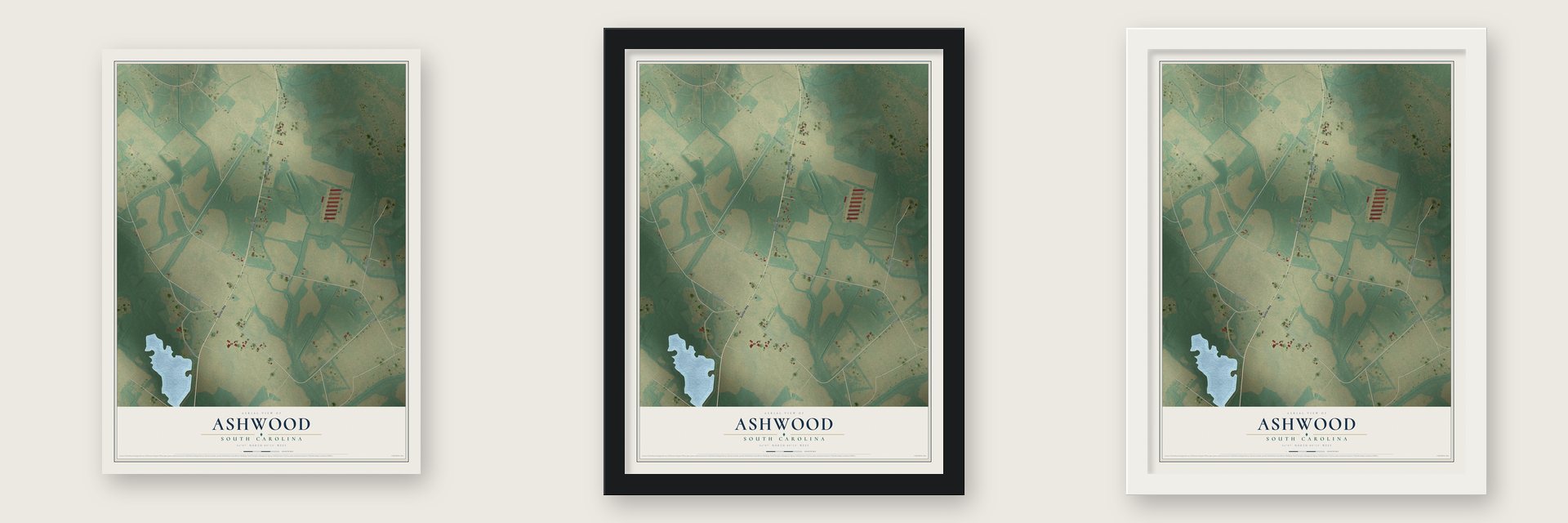 Ashwood, South Carolina map unframed, in a black wood frame and in a white wood frame