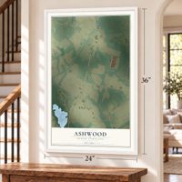 Ashwood, South Carolina map, 24 x 36 inch print in a white frame by a staircase