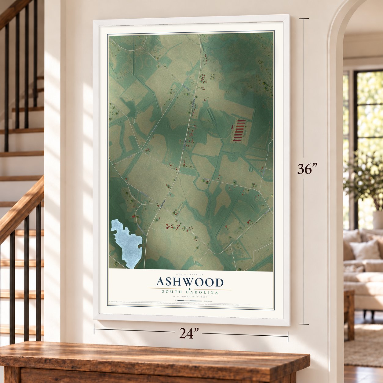 Ashwood, South Carolina map, 24 x 36 inch print in a white frame by a staircase