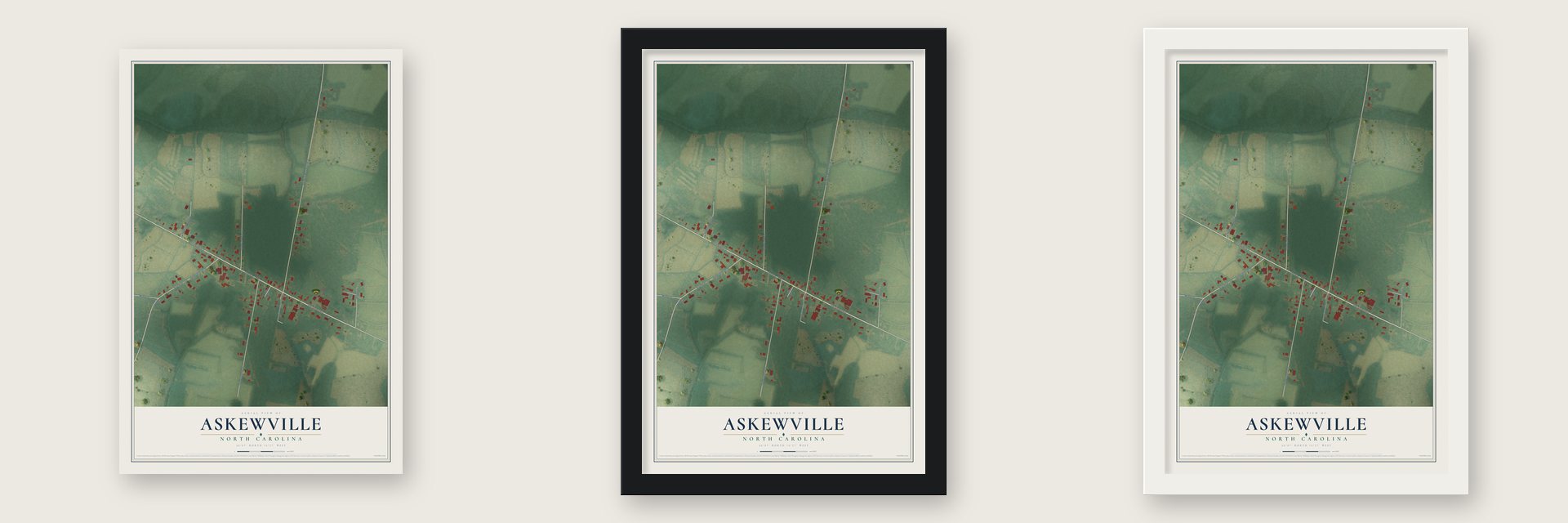 Askewville, North Carolina map unframed, in a black wood frame and in a white wood frame