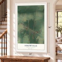 Askewville, North Carolina map, 24 x 36 inch print in a white frame by a staircase