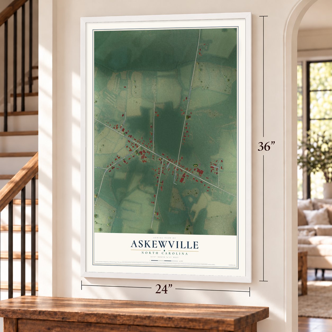 Askewville, North Carolina map, 24 x 36 inch print in a white frame by a staircase