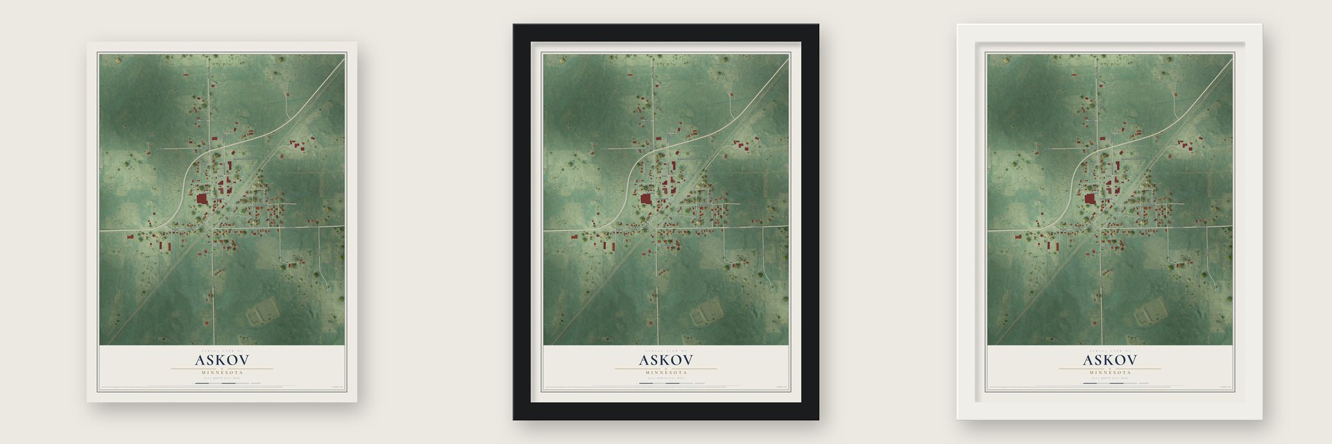 Askov, Minnesota map unframed, in a black wood frame and in a white wood frame