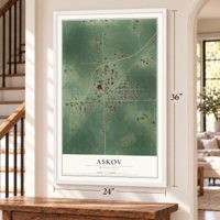 Askov, Minnesota map, 24 x 36 inch print in a white frame by a staircase