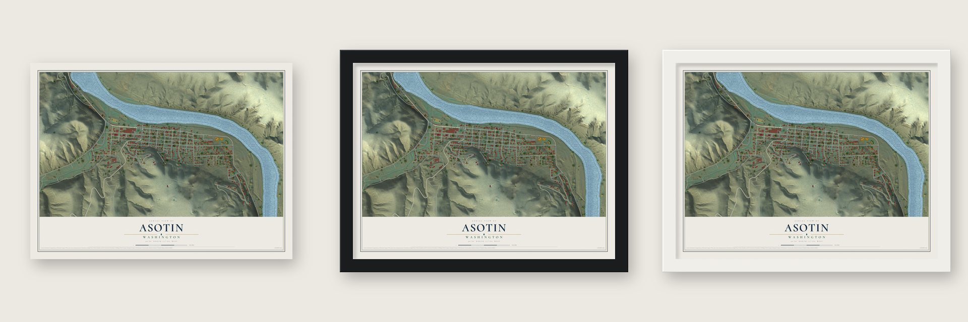 Asotin, Washington map unframed, in a black wood frame and in a white wood frame
