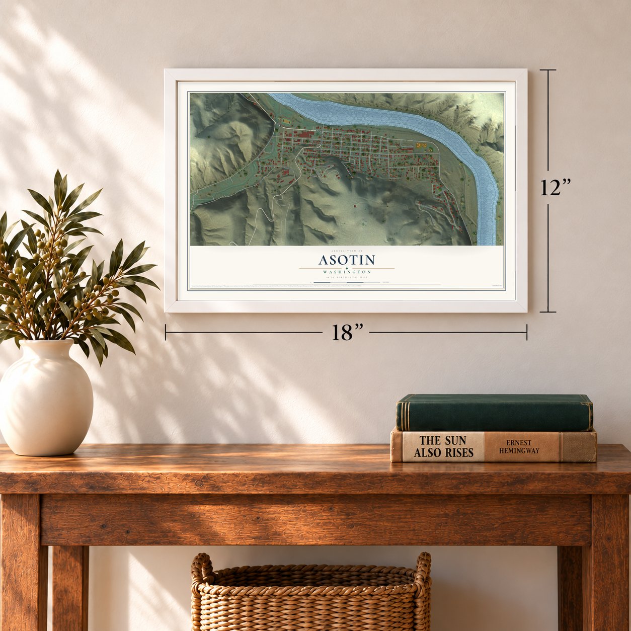 Asotin, Washington map, 12 x 18 inch print in a white frame in an entryway