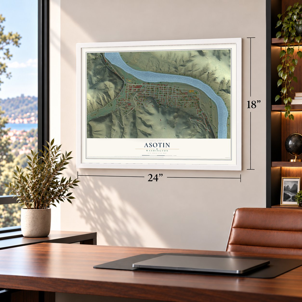 Asotin, Washington map, 18 x 24 inch print in a white frame in a home office