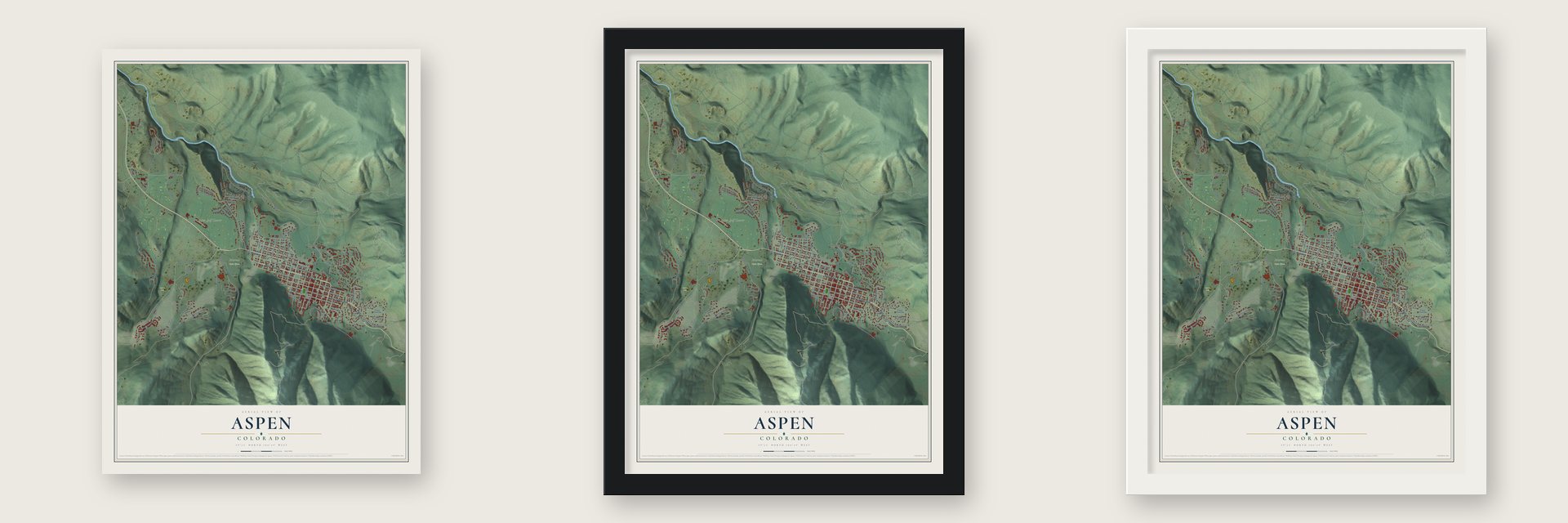Aspen, Colorado map unframed, in a black wood frame and in a white wood frame