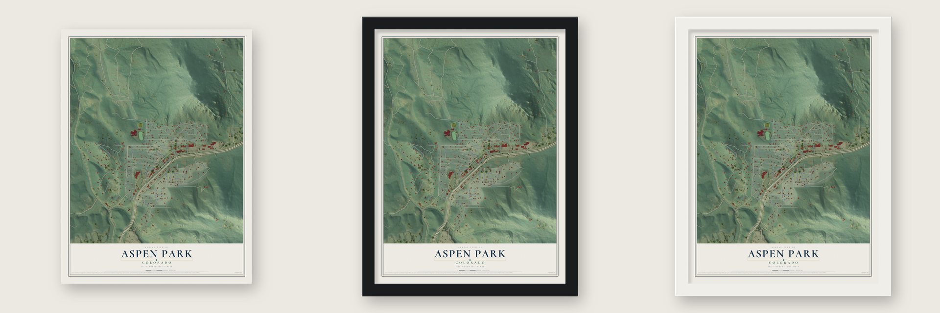 Aspen Park, Colorado map unframed, in a black wood frame and in a white wood frame