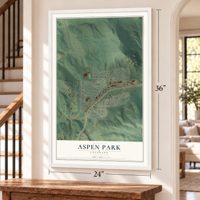 Aspen Park, Colorado map, 24 x 36 inch print in a white frame by a staircase