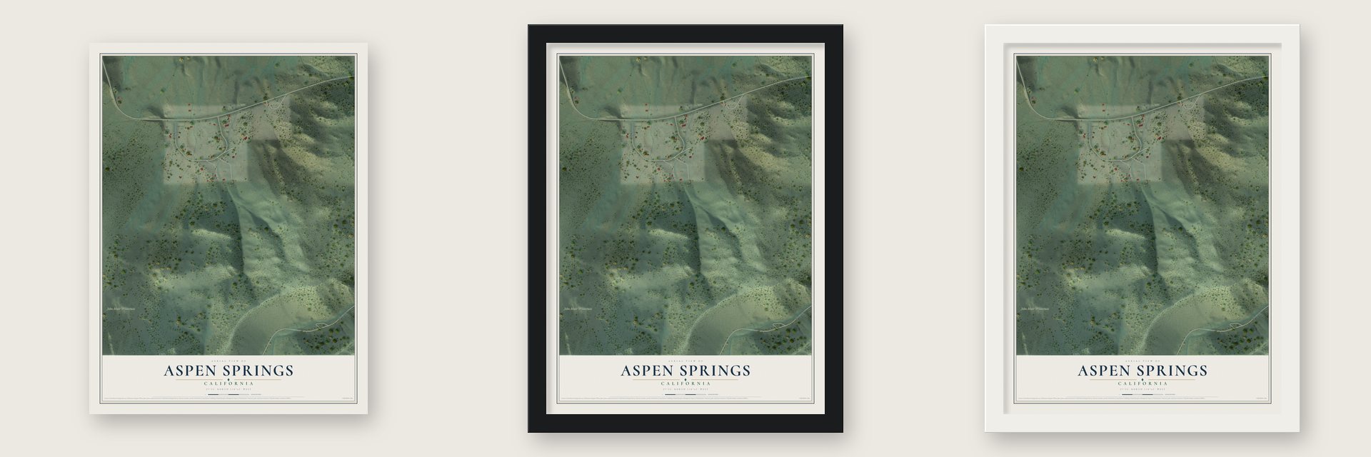 Aspen Springs, California map unframed, in a black wood frame and in a white wood frame