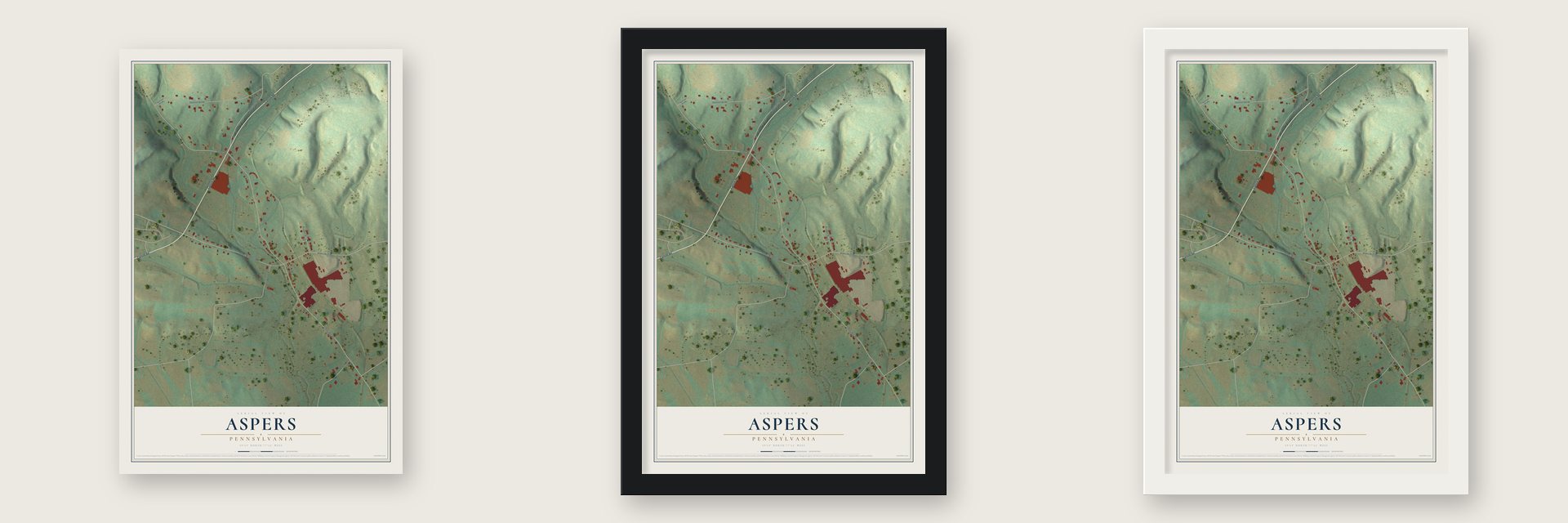 Aspers, Pennsylvania map unframed, in a black wood frame and in a white wood frame