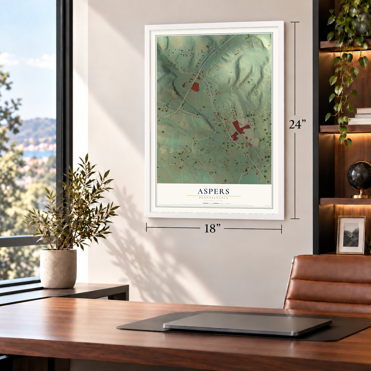 Aspers, Pennsylvania map, 18 x 24 inch print in a white frame in a home office