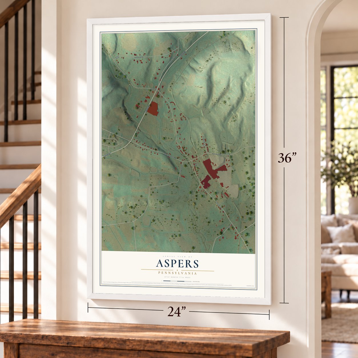 Aspers, Pennsylvania map, 24 x 36 inch print in a white frame by a staircase