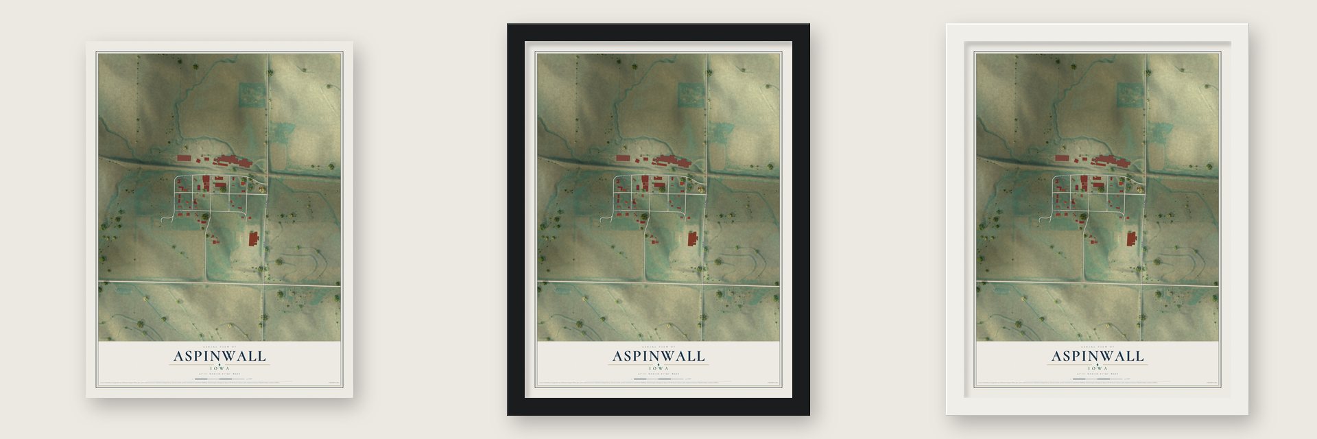 Aspinwall, Iowa map unframed, in a black wood frame and in a white wood frame