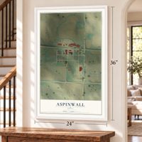 Aspinwall, Iowa map, 24 x 36 inch print in a white frame by a staircase
