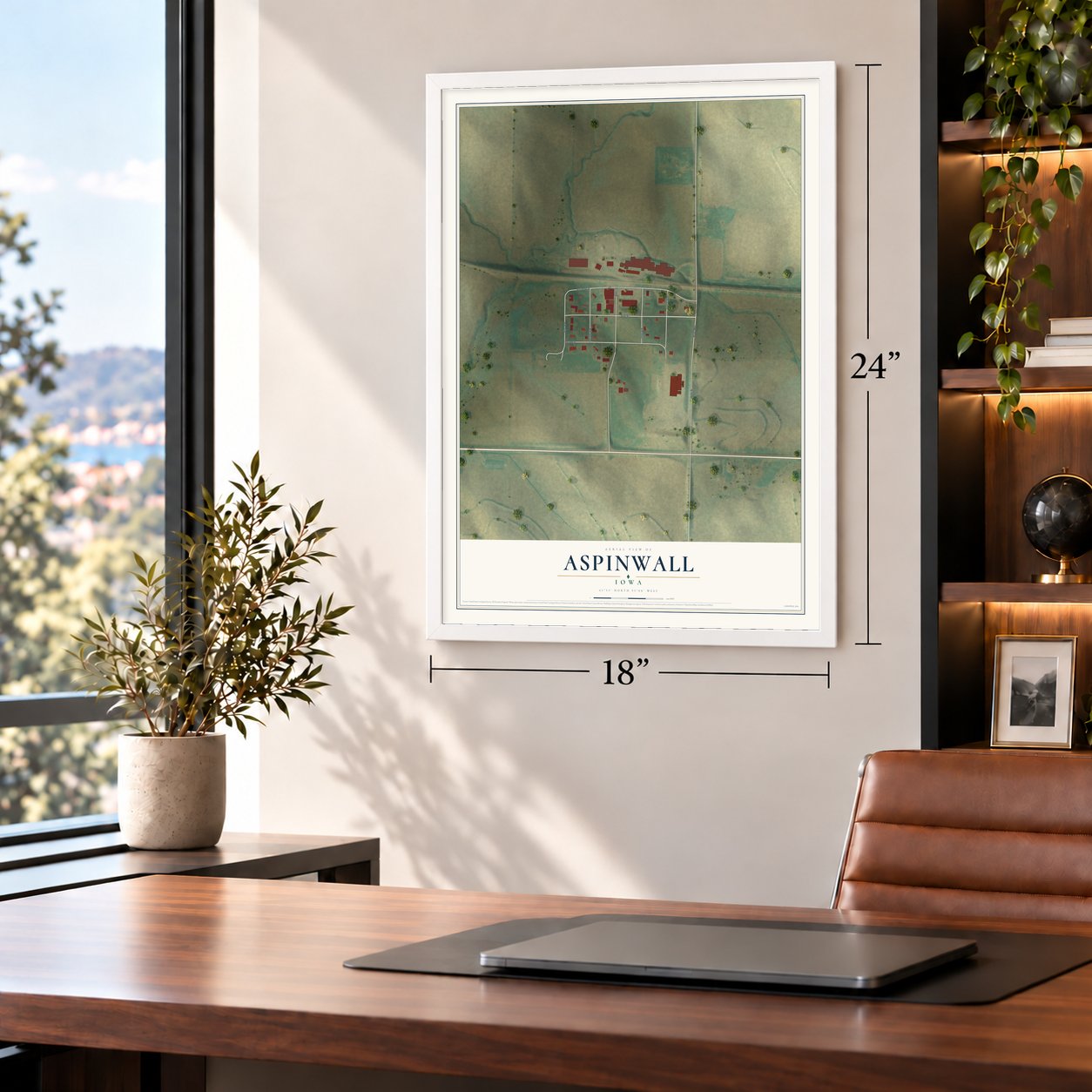 Aspinwall, Iowa map, 18 x 24 inch print in a white frame in a home office