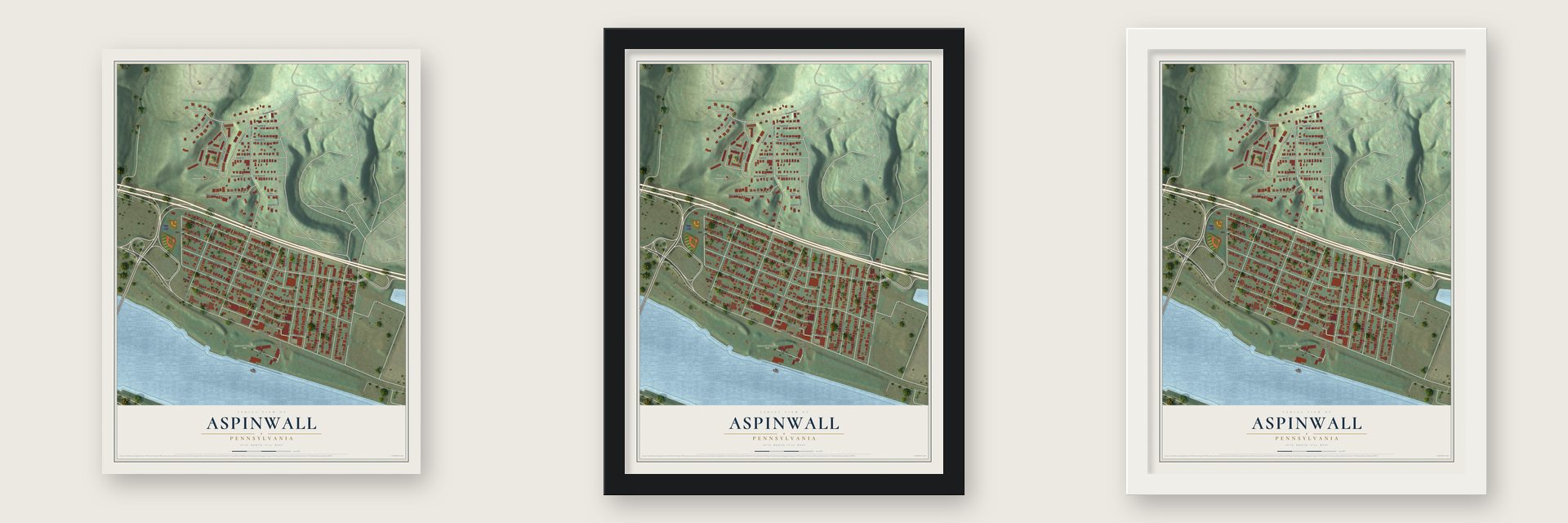 Aspinwall, Pennsylvania map unframed, in a black wood frame and in a white wood frame