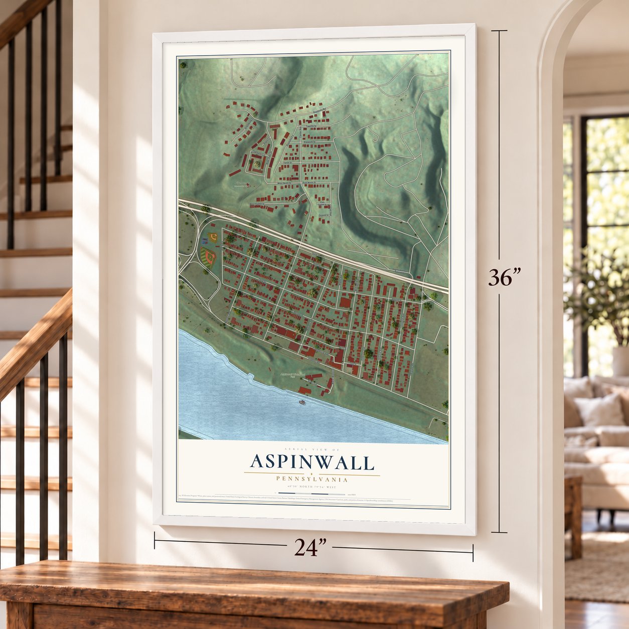 Aspinwall, Pennsylvania map, 24 x 36 inch print in a white frame by a staircase