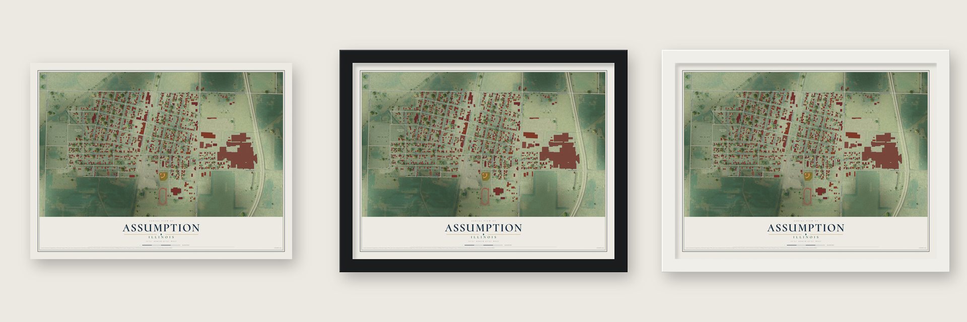 Assumption, Illinois map unframed, in a black wood frame and in a white wood frame