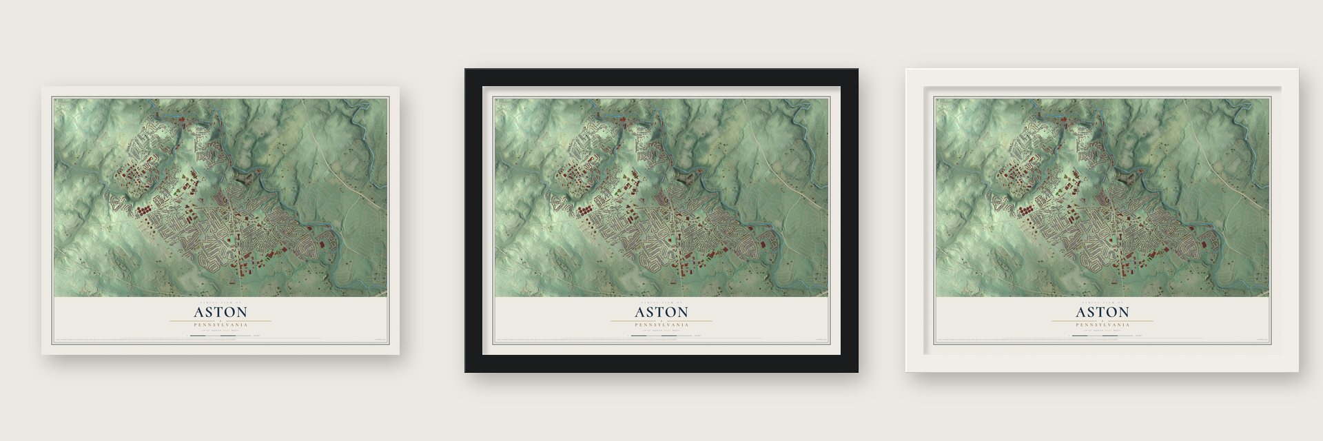 Aston, Pennsylvania map unframed, in a black wood frame and in a white wood frame