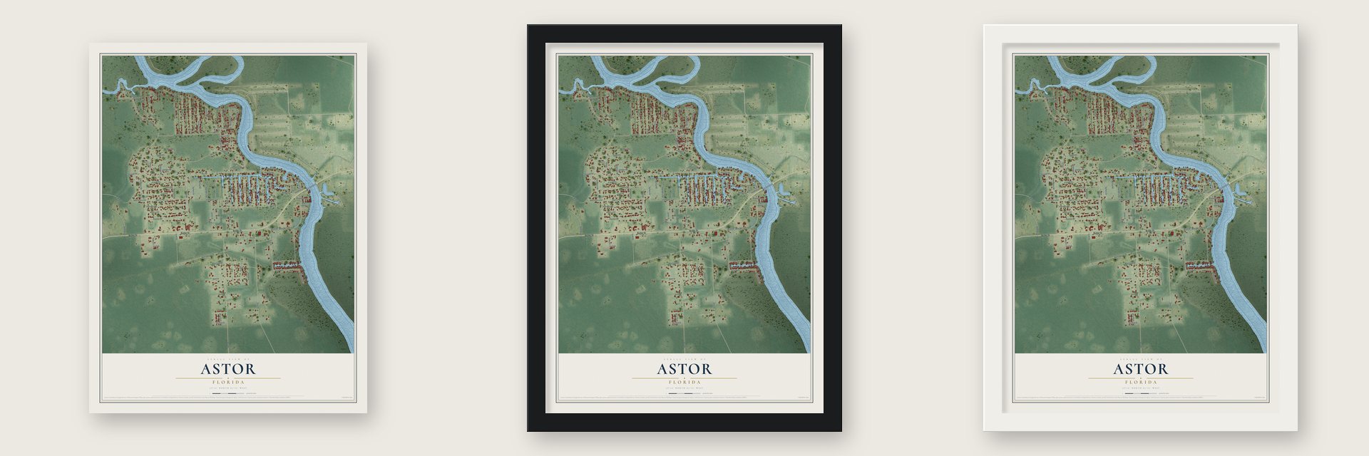 Astor, Florida map unframed, in a black wood frame and in a white wood frame