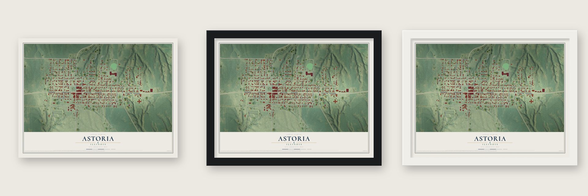 Astoria, Illinois map unframed, in a black wood frame and in a white wood frame