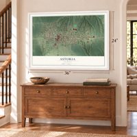 Astoria, Illinois map, 24 x 36 inch print in a white frame above a dresser by a staircase